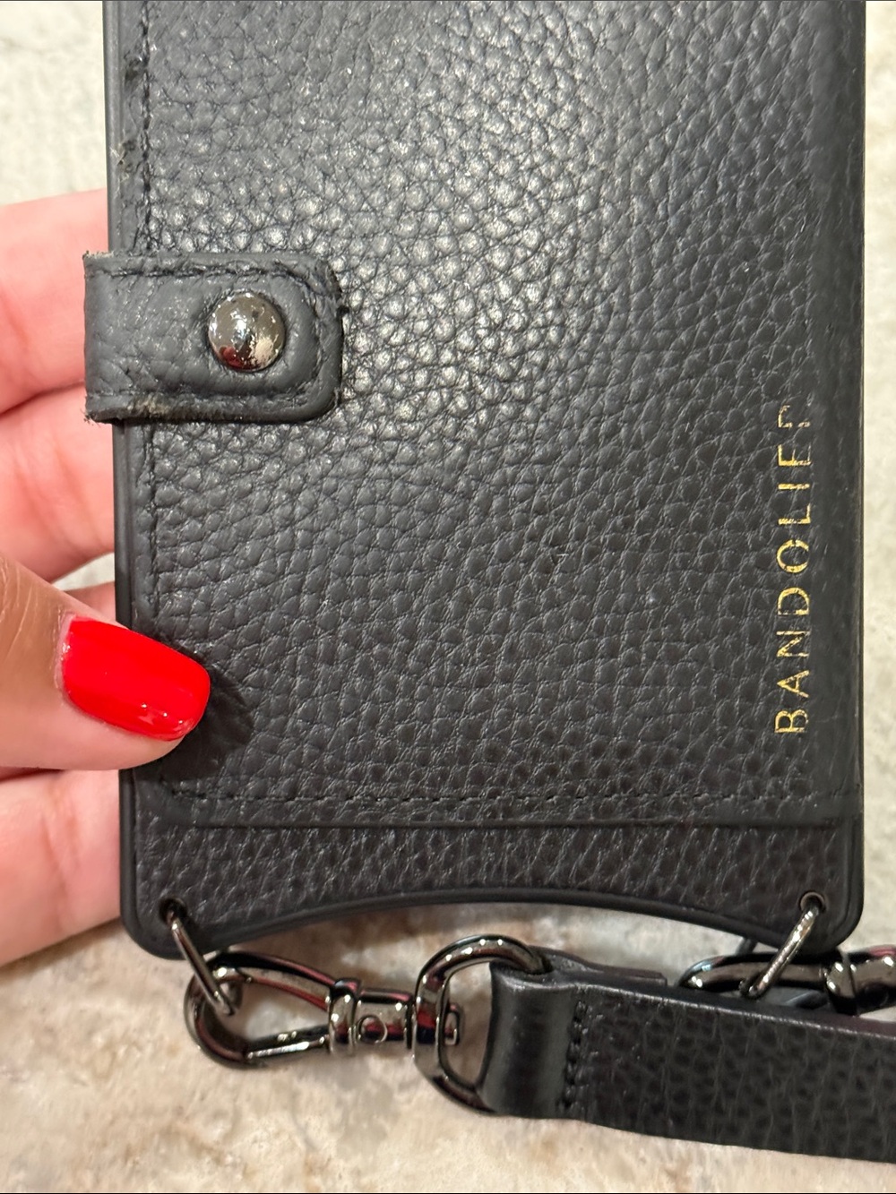 Bandolier Black Leather Crossbody Phone Case with Strap - Picture 3 of 11